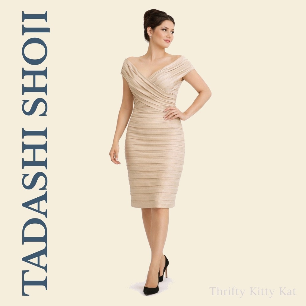 Tadashi Ruched Sheath Dress‎ Off Shoulder Pleated Champagne Midi Cocktail S